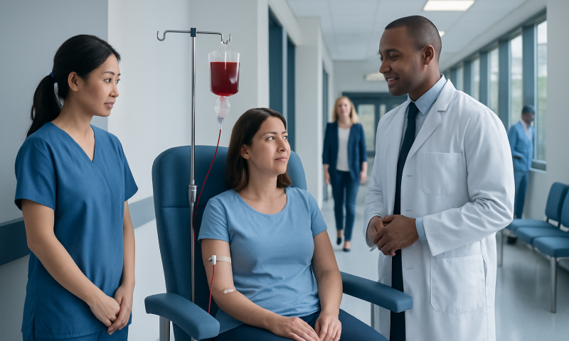 Patient receiving blood infusion in hospital with medical staff present.