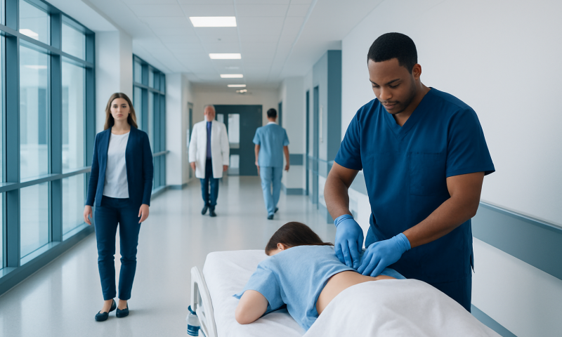 Medical professional administering a blood patch procedure in hospital corridor.