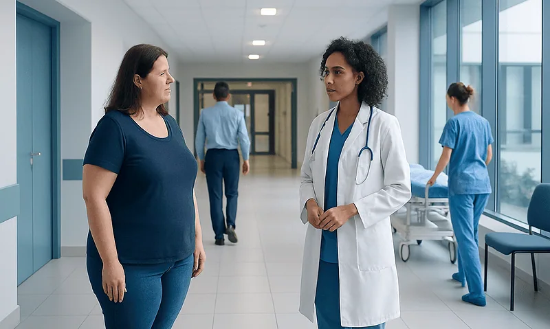 Doctor consulting with patient in hospital corridor.