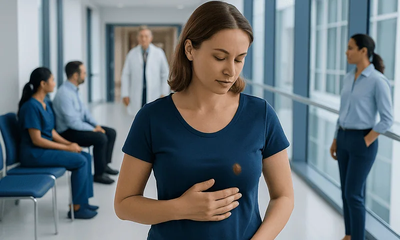 Woman with breast pain in hospital corridor with medical staff.