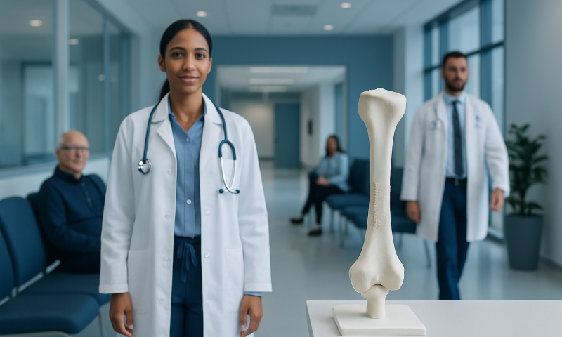 Medical team in hospital corridor with a bone model for patient education.