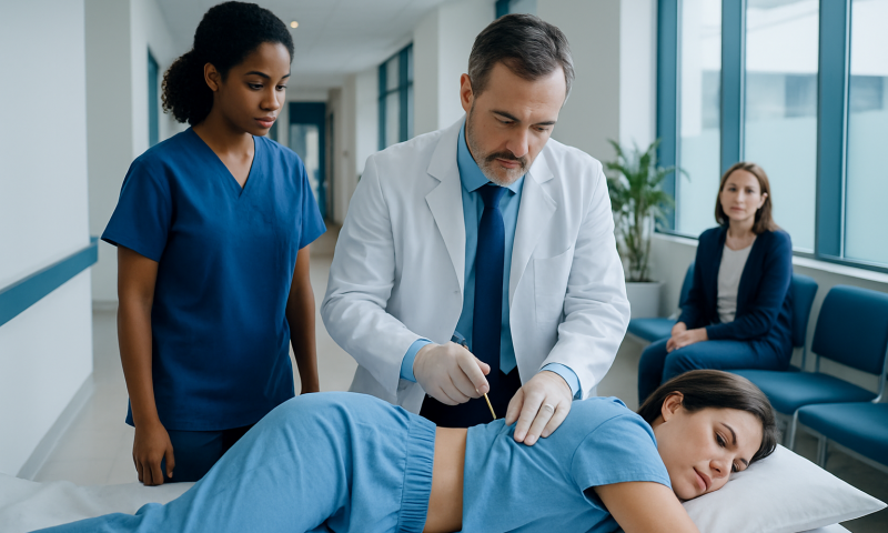 Doctor performing bone marrow aspiration on patient in hospital.