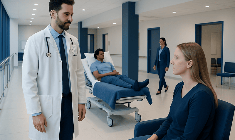 Doctor consulting patient in hospital room with blood donor in background.