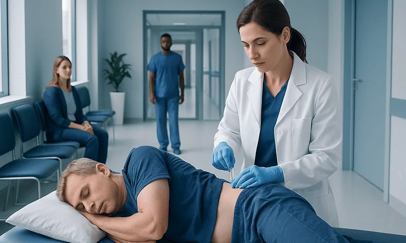 Doctor preparing for bone marrow puncture procedure in hospital.