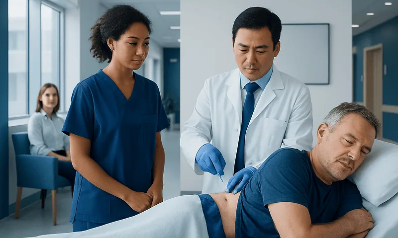 Doctor preparing for a bone marrow test on a patient in a hospital.