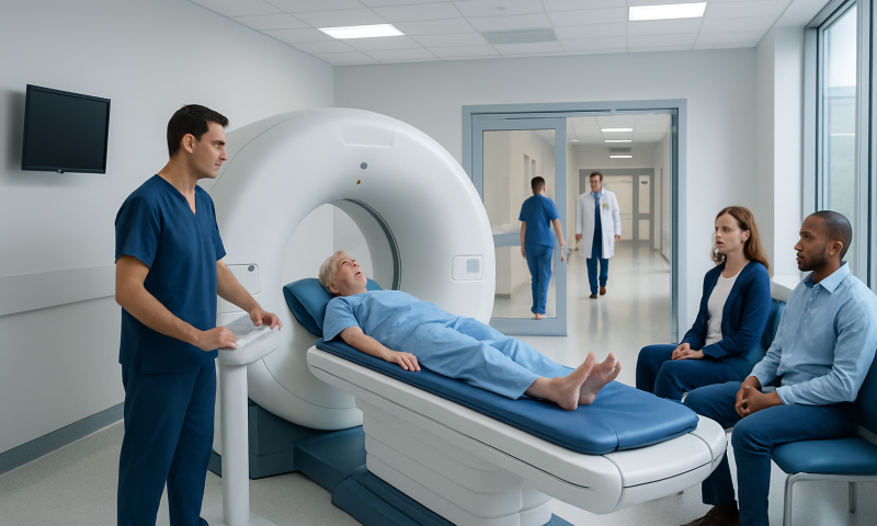 Patient undergoing a bone scan in a modern hospital setting.