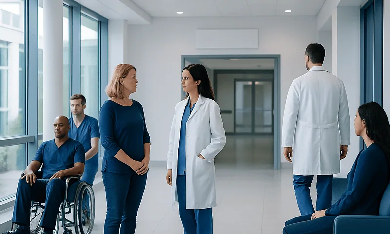 Hospital staff and patients in a modern medical facility corridor.