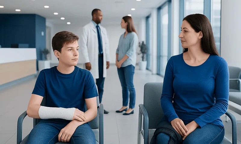 Young boy with arm cast in hospital waiting area with woman and medical staff.