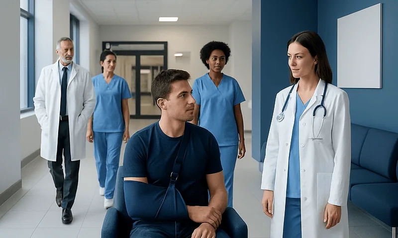 Medical team discussing patient care in hospital corridor.