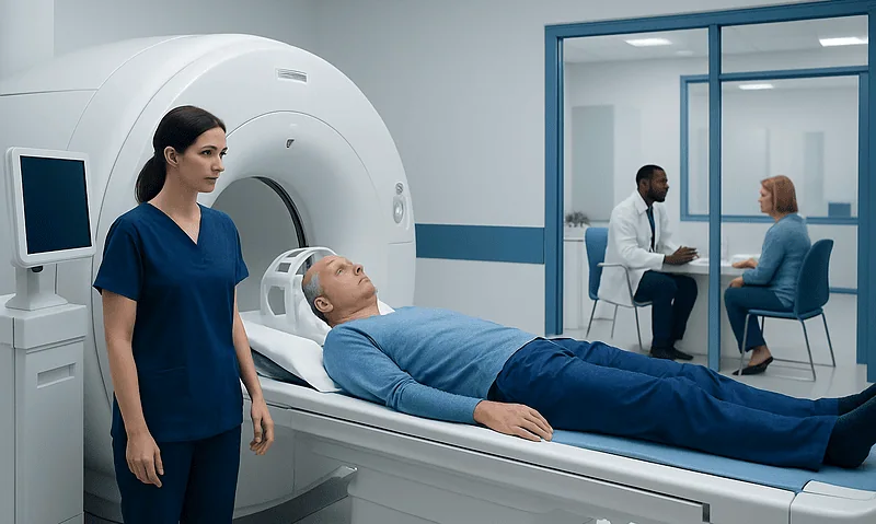 Patient undergoing brain MRI scan in a hospital setting with medical staff present.