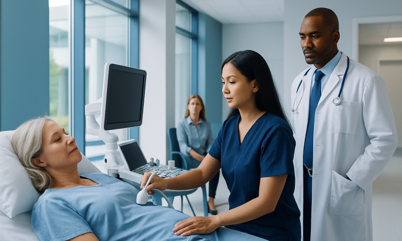 Doctor performing breast ultrasound on patient in hospital.