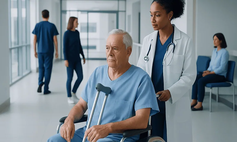 Elderly man with crutches in hospital corridor with healthcare staff and patients.