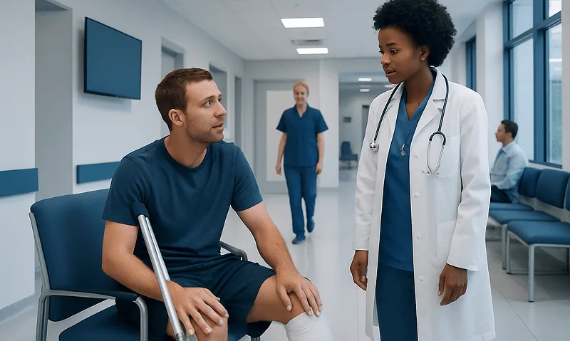 Doctor consulting with patient with knee injury in hospital corridor.
