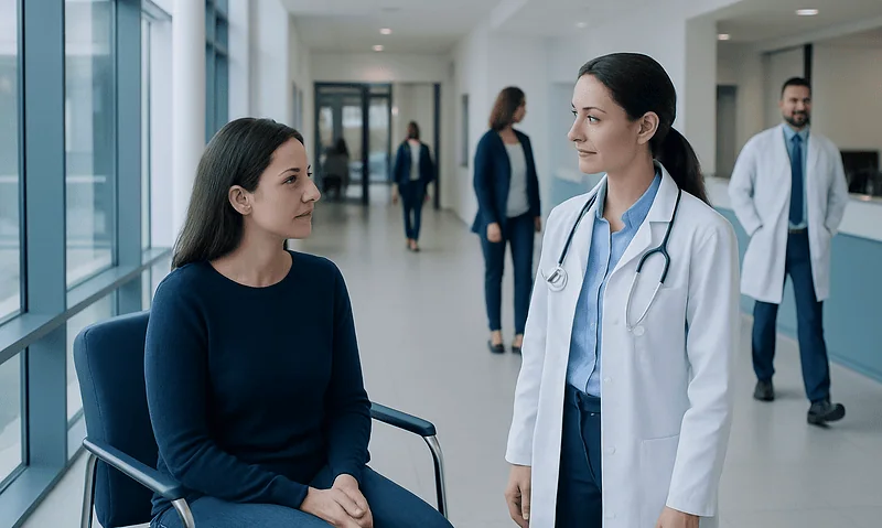 Doctor consulting with patient in hospital corridor.