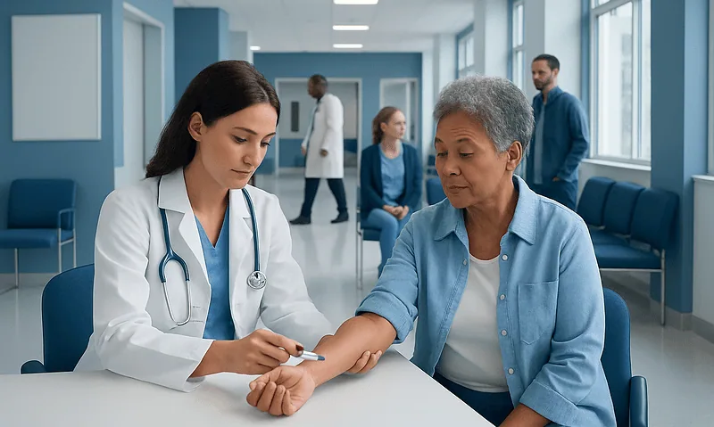 Doctor performs blood test on senior woman in hospital corridor.