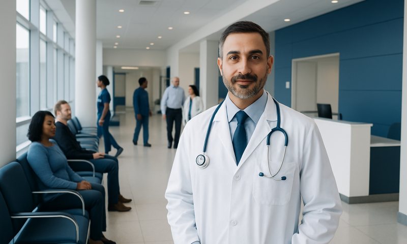 Doctor in hospital lobby with patients waiting in the background.