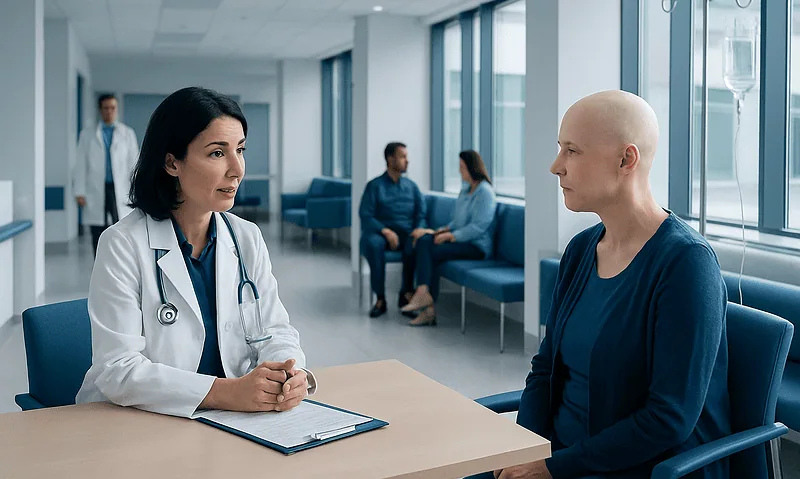 Cancer Treatment Plan: How It Works, Results and What to Expect 4 Doctor consulting a patient in a hospital corridor with other patients in the background.