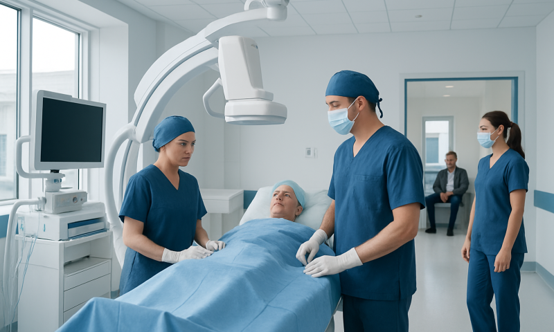 Medical team performing cardiac catheterization procedure in hospital.