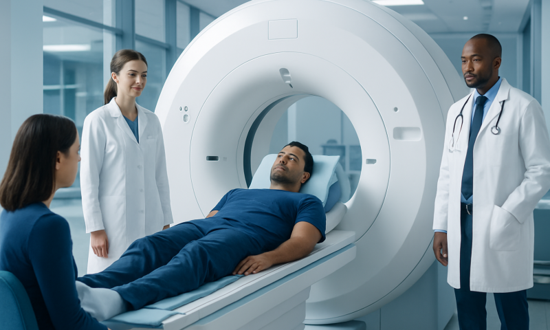 Patient undergoing MRI scan in a modern hospital setting.