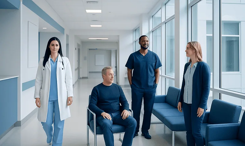 Medical team consulting in hospital corridor with patient in wheelchair.