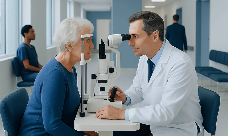 Ophthalmologist examining elderly woman's eye with slit lamp at hospital.