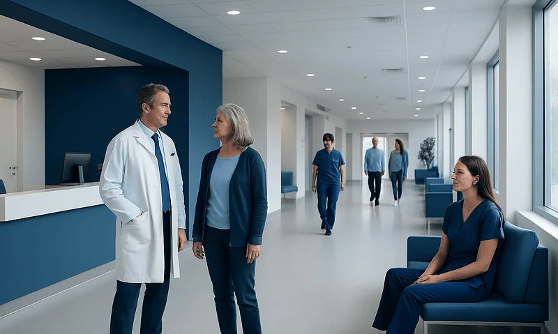 Medical professionals and patient in a modern hospital corridor.