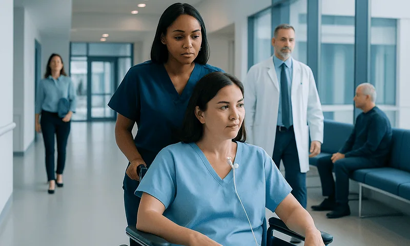 Healthcare professionals assisting a patient in a hospital corridor.