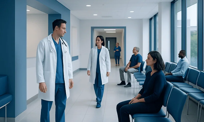 Medical staff and patients in a hospital corridor at Acibadem Hospitals Group.