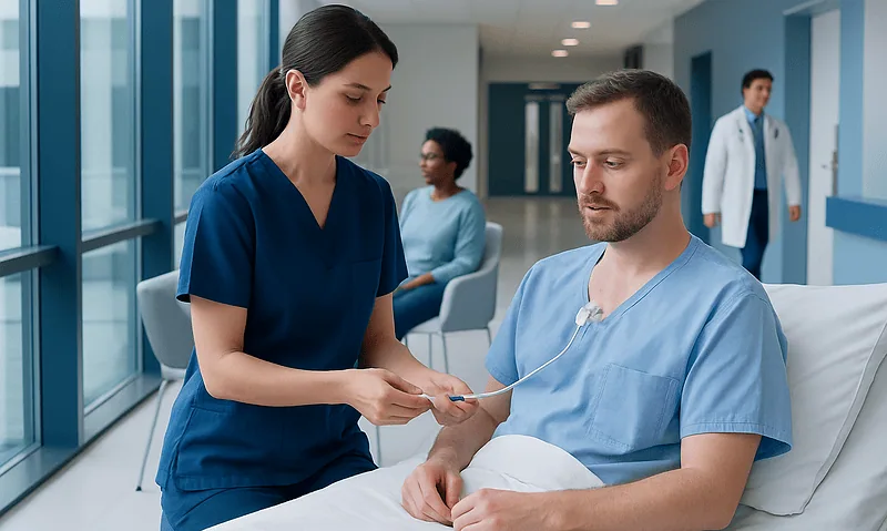 Healthcare professional preparing for central venous catheter care in hospital.