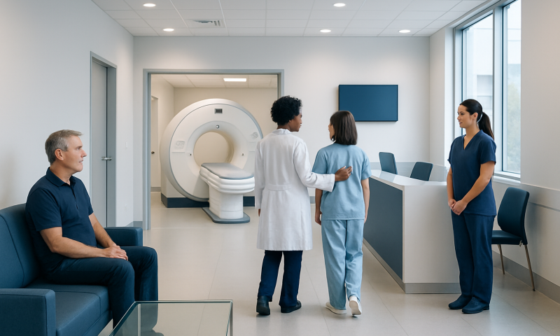 Medical team preparing patient for MRI scan in hospital.