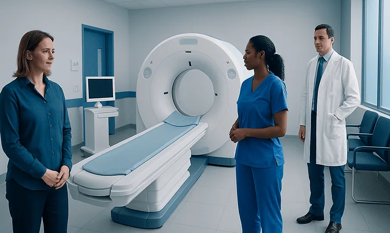 Medical staff preparing for a PET scan at Acibadem Hospital.