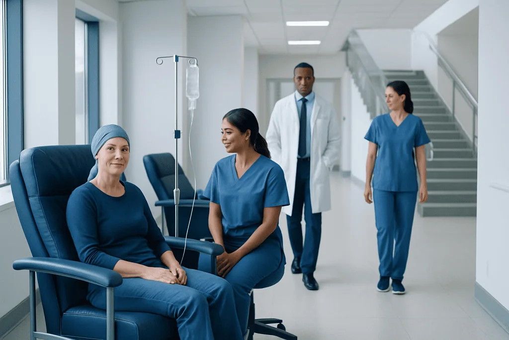 Chemo Infusion: Procedure, Recovery and Results 1 Patient receiving chemotherapy treatment in hospital with medical staff nearby.