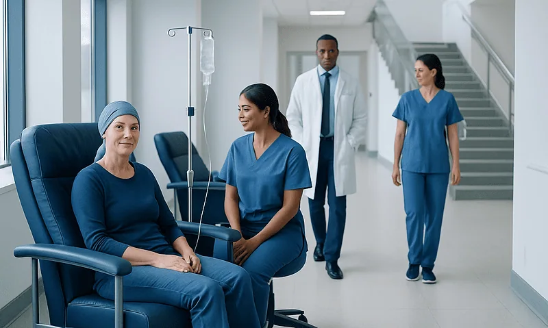 Patient receiving chemotherapy treatment in hospital with medical staff nearby.