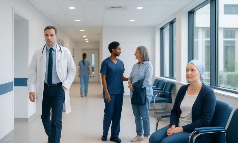 Doctor and patients in a hospital corridor.