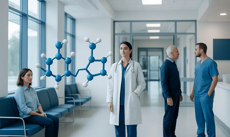 Medical professionals and patient in hospital corridor with cholesterol molecule graphic.