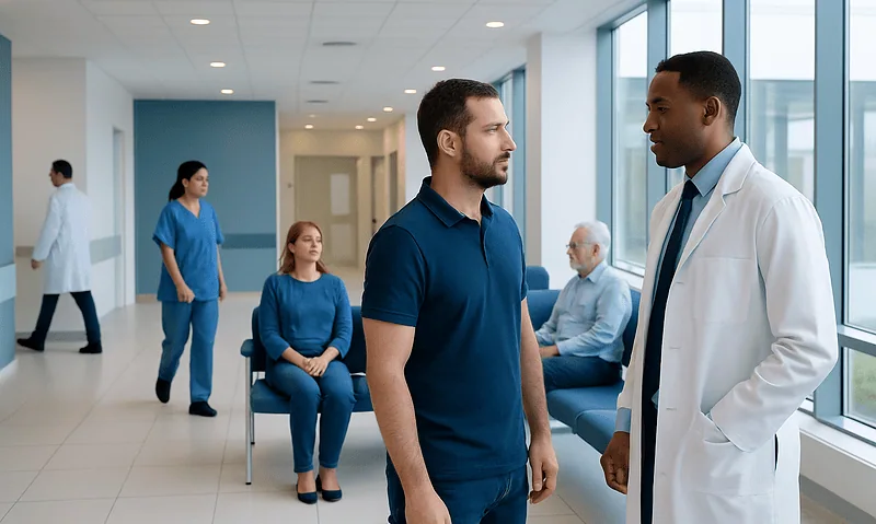 Doctor consulting patient in hospital corridor with waiting area.