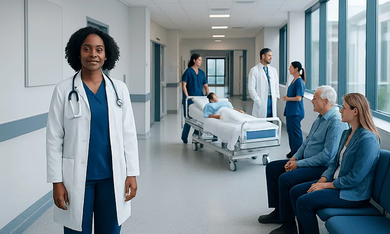 Cisternogram Procedure: An Evidence-Based Patient Guide 4 Healthcare professionals and patients in a hospital corridor with a patient bed.