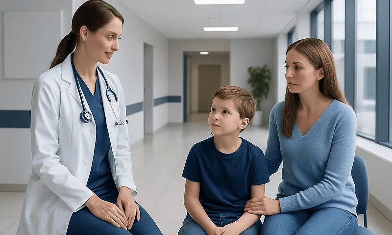Doctor talking to young boy and mother in hospital corridor.