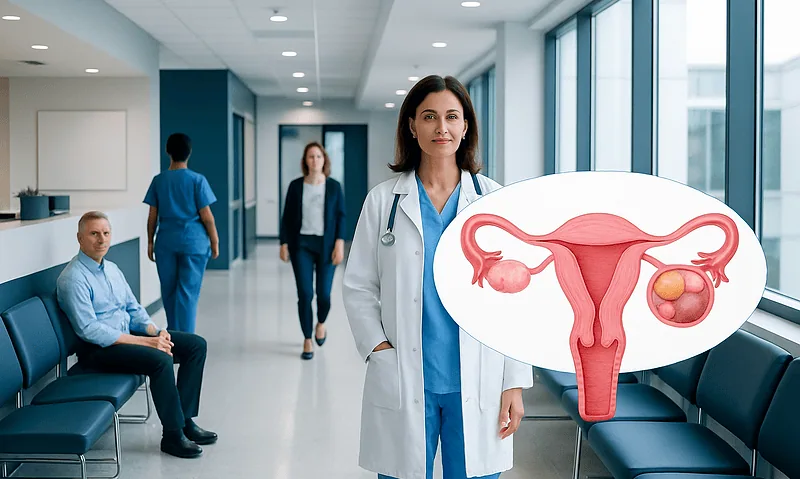 Doctor holding a diagram of the female reproductive system in a hospital corridor.