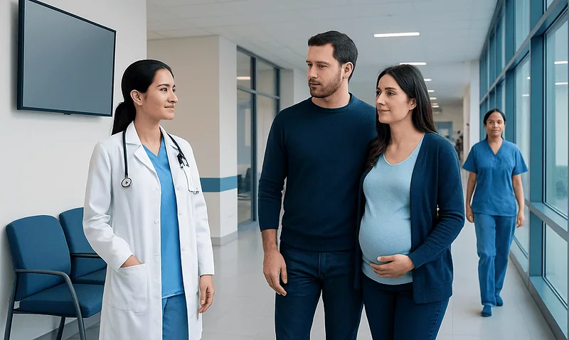 Pregnant woman and partner talking to doctor in hospital corridor.