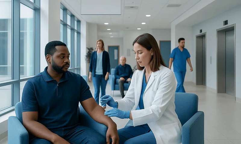 Healthcare professional administering a vaccine to a patient in a hospital corridor.