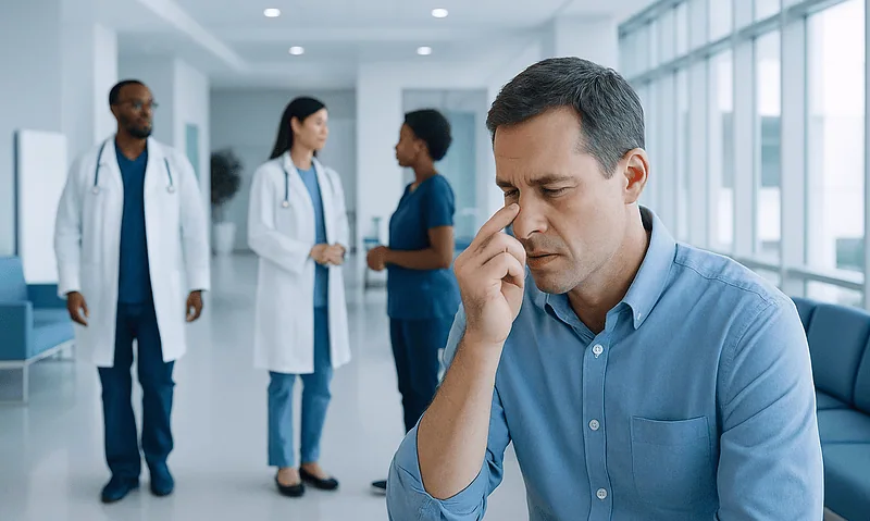 Man experiencing headache in hospital corridor with medical staff in background.