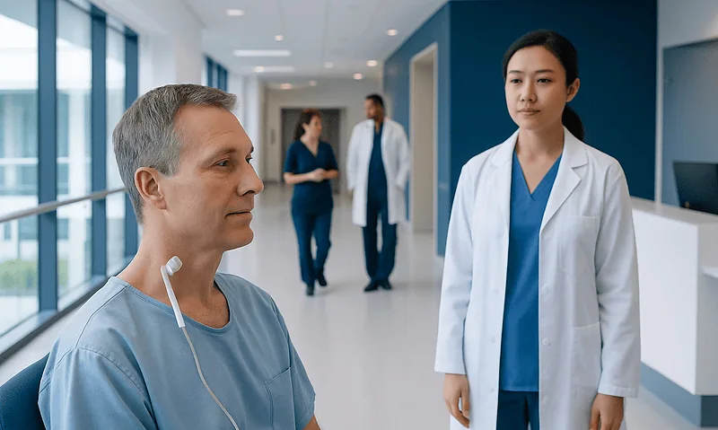Patient in hospital gown talking to healthcare professional in hospital corridor.