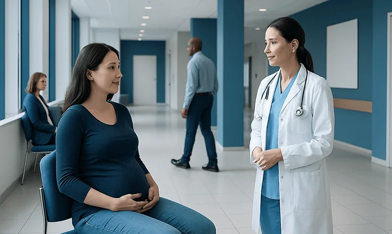 Pregnant woman consulting with a doctor in a hospital corridor.