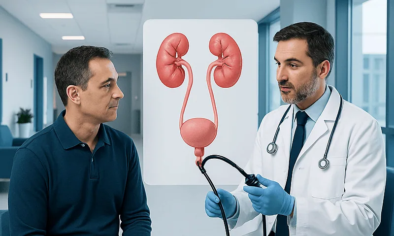 Urologist explaining kidney health to patient with kidney diagram in background.