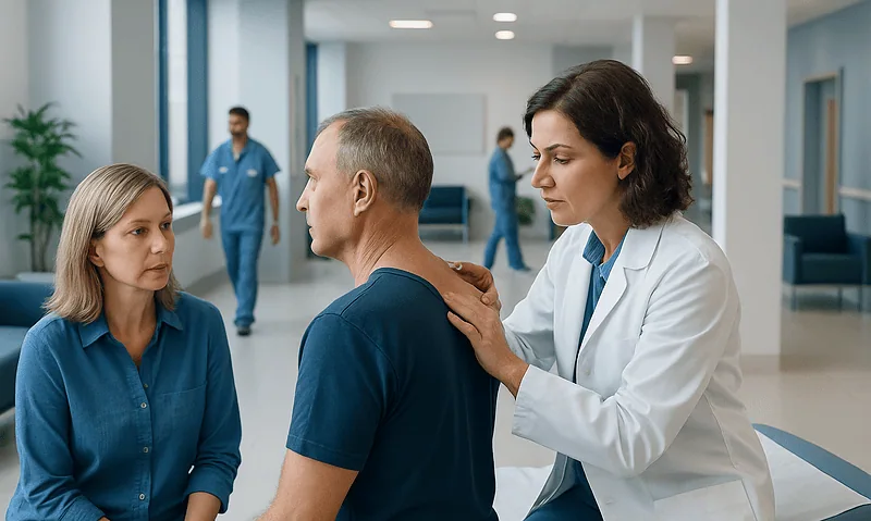 Dermatologist examining a patient during a skin cancer screening at Acibadem Hospital.