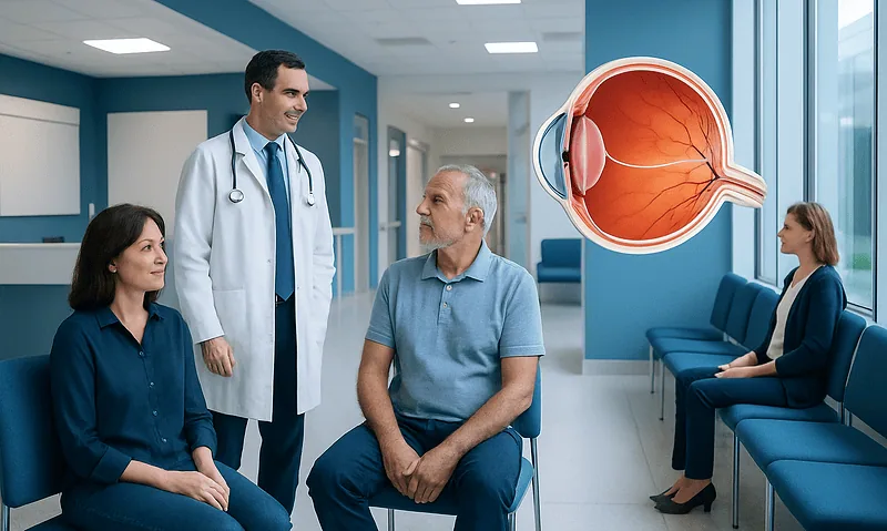 Ophthalmologist consulting with patients in a hospital waiting area.