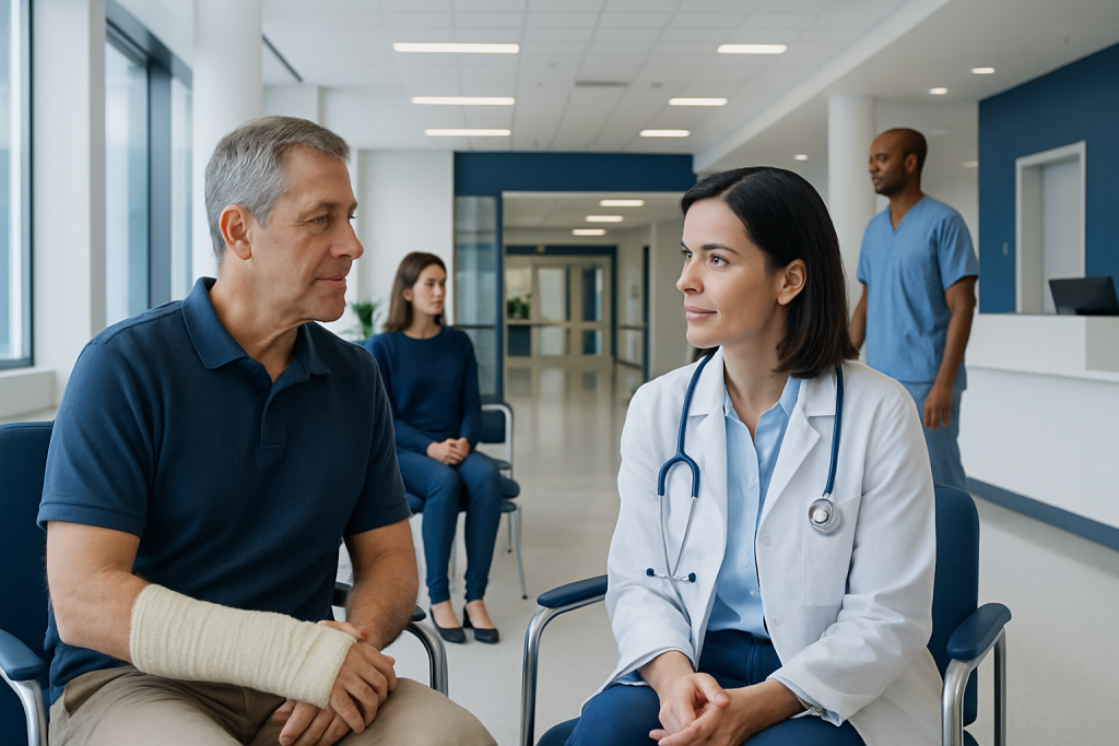 Distal Radius Fracture Recovery: A Week-by-Week Timeline 1 Doctor consulting with a patient in a hospital waiting area.