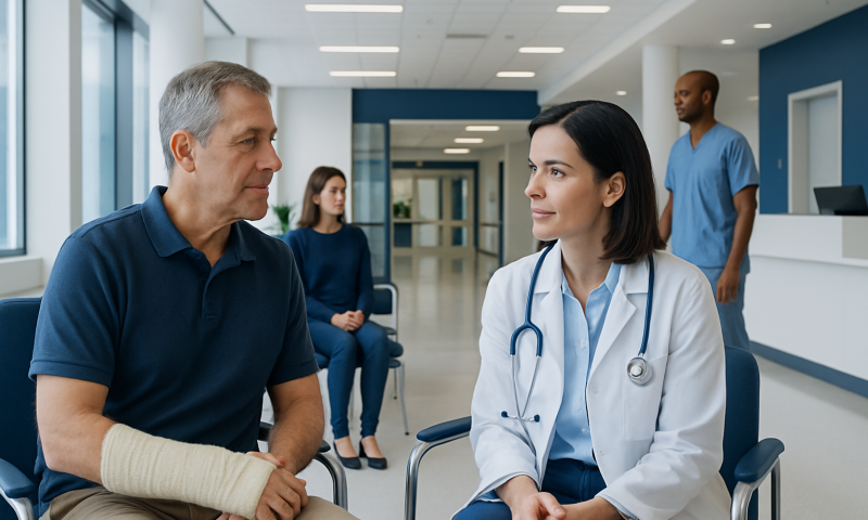 Doctor consulting with a patient in a hospital waiting area.