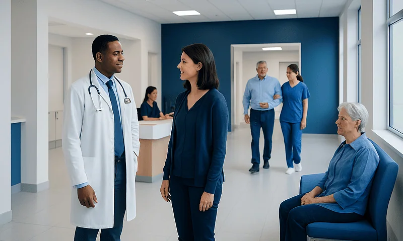 Medical team consulting with a patient in a hospital corridor.
